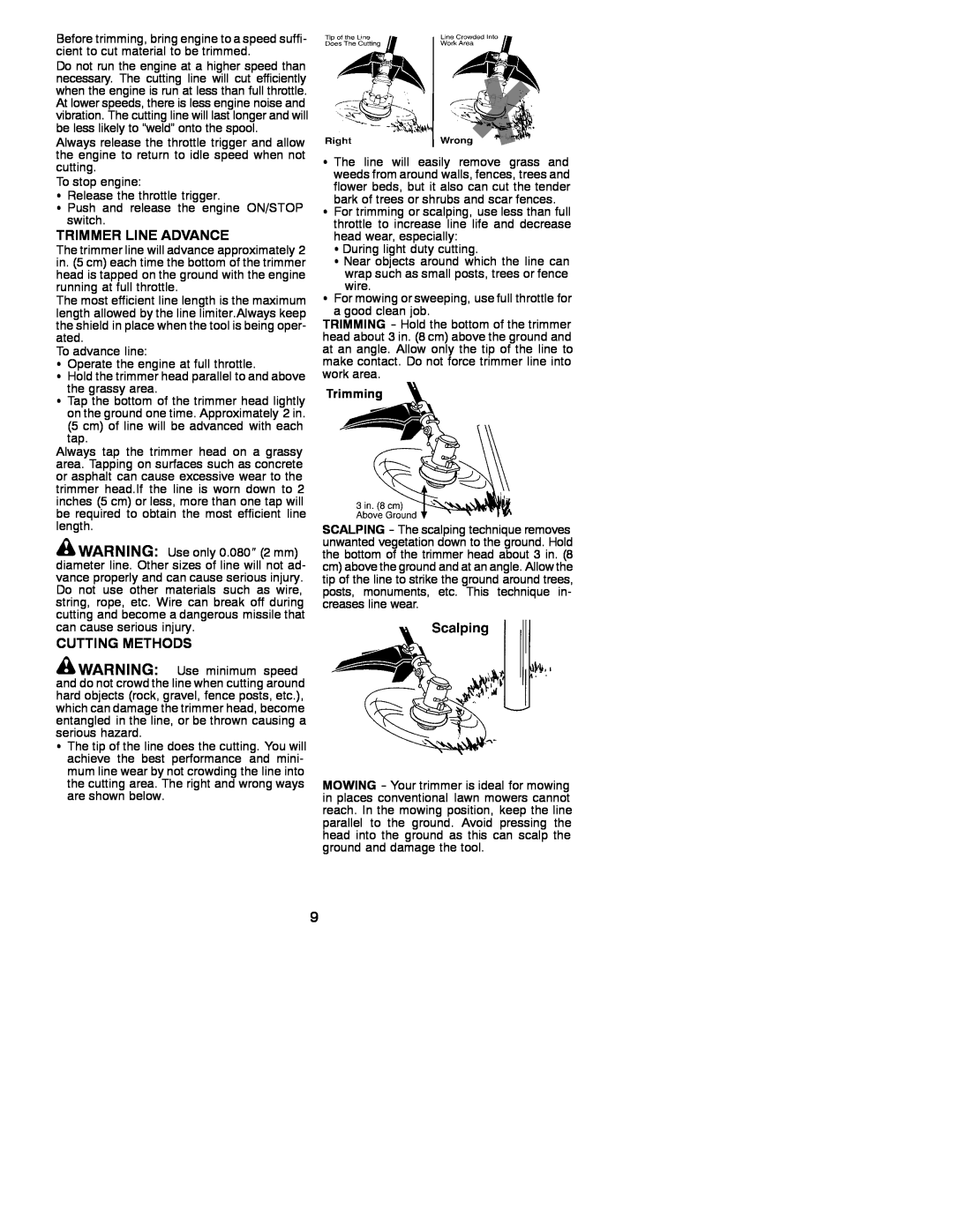 Weed Eater 530086916 instruction manual Trimmer Line Advance, Cutting Methods, Trimming 