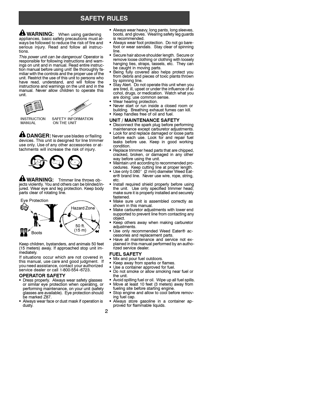 Weed Eater 530086922 instruction manual Operator Safety, Unit / Maintenance Safety, Fuel Safety 