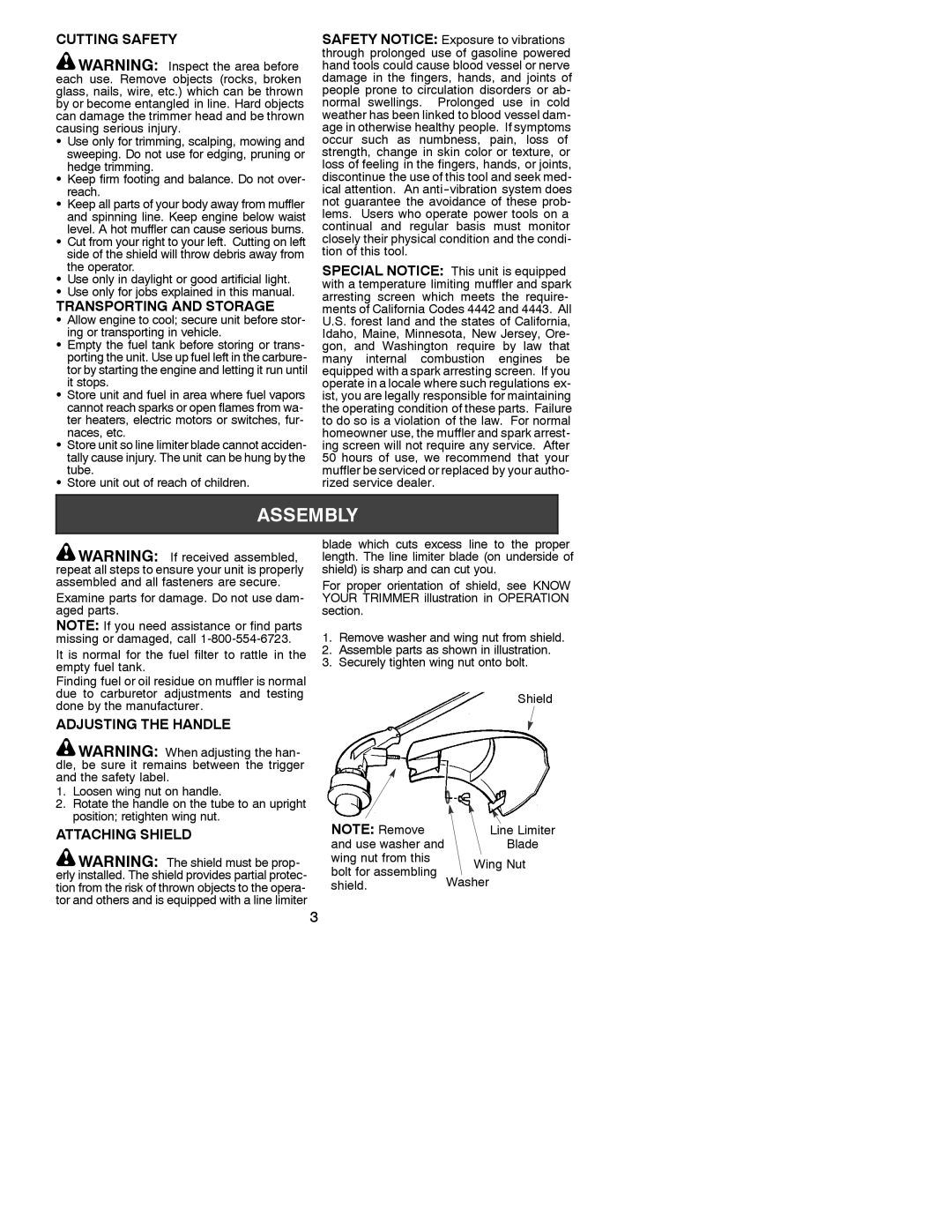 Weed Eater 530086922 instruction manual Cutting Safety, Transporting and Storage, Adjusting the Handle, Attaching Shield 