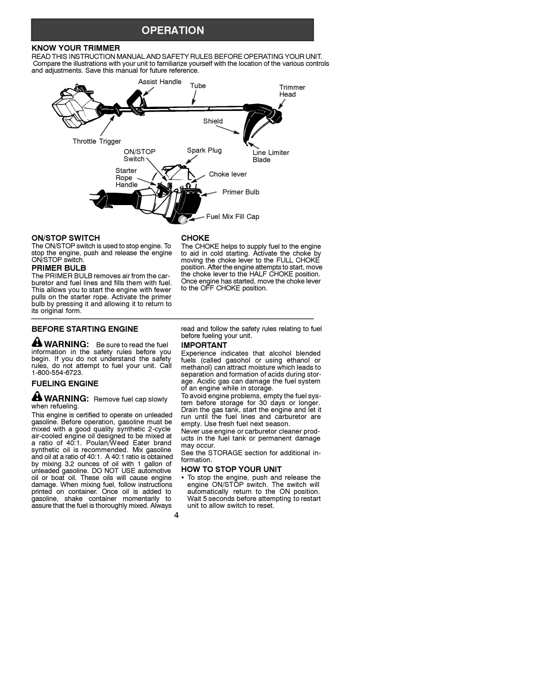 Weed Eater 530086922 Know Your Trimmer, ON/STOP Switch Choke, Primer Bulb, Before Starting Engine, Fueling Engine 