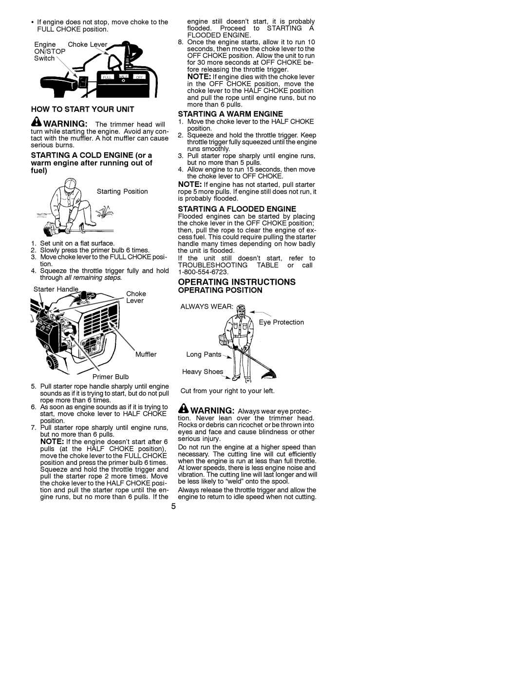 Weed Eater 530086922 HOW to Start Your Unit, Starting a Warm Engine, Starting a Flooded Engine, Operating Position, Switch 