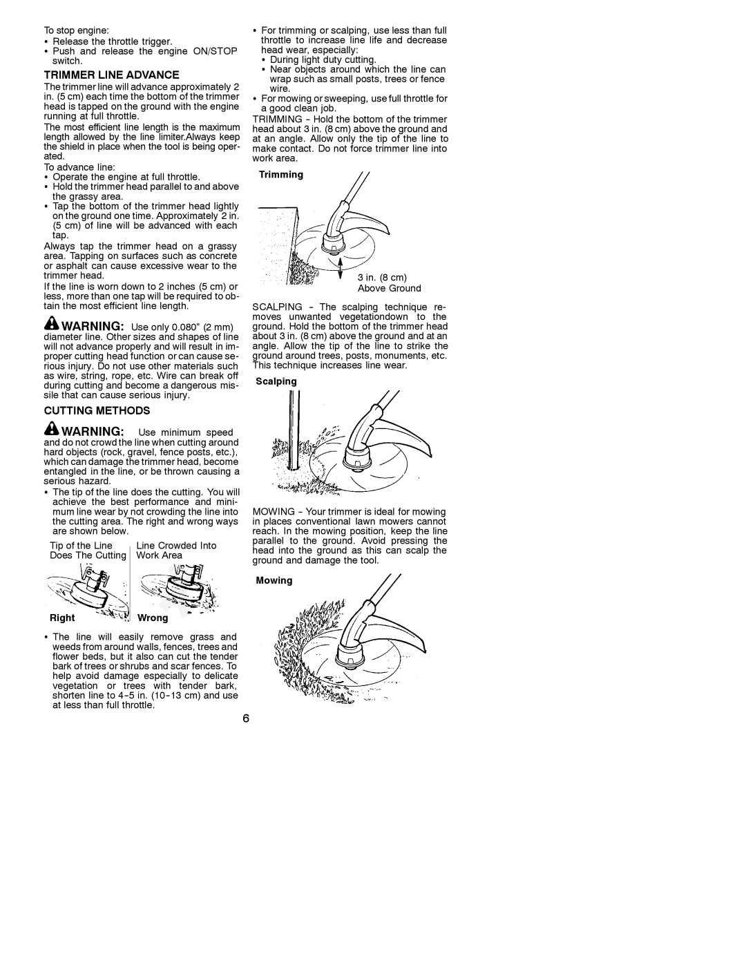 Weed Eater 530086922 instruction manual Trimmer Line Advance, Cutting Methods 