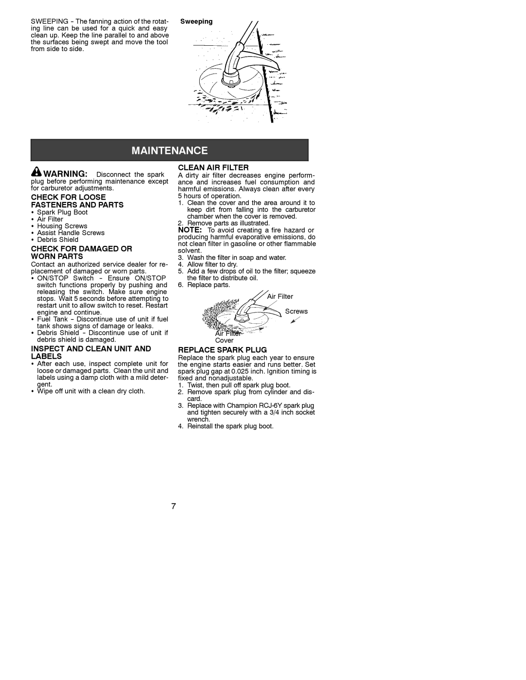 Weed Eater 530086922 Check for Loose Fasteners and Parts, Check for Damaged or Worn Parts, Clean AIR Filter 