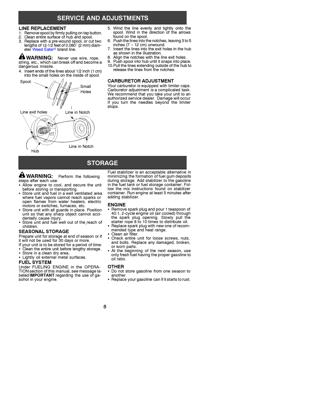 Weed Eater 530086922 Line Replacement, Carburetor Adjustment, Seasonal Storage, Fuel System, Engine, Other 