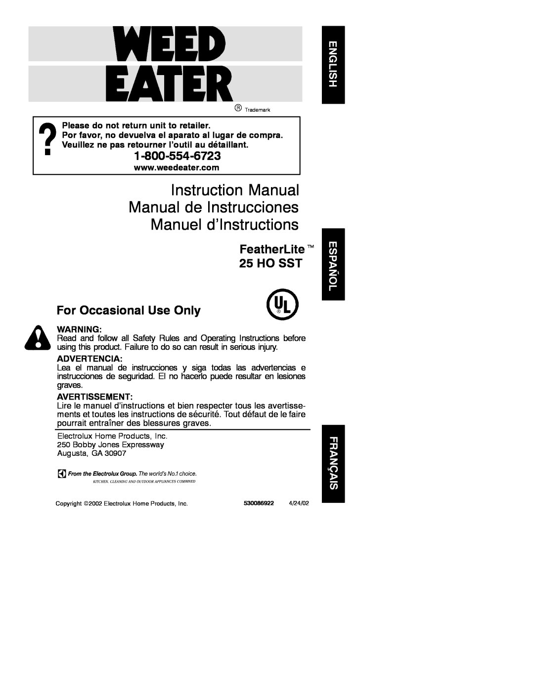 Weed Eater 530086922 instruction manual Please do not return unit to retailer, Advertencia, Avertissement, FeatherLitet 