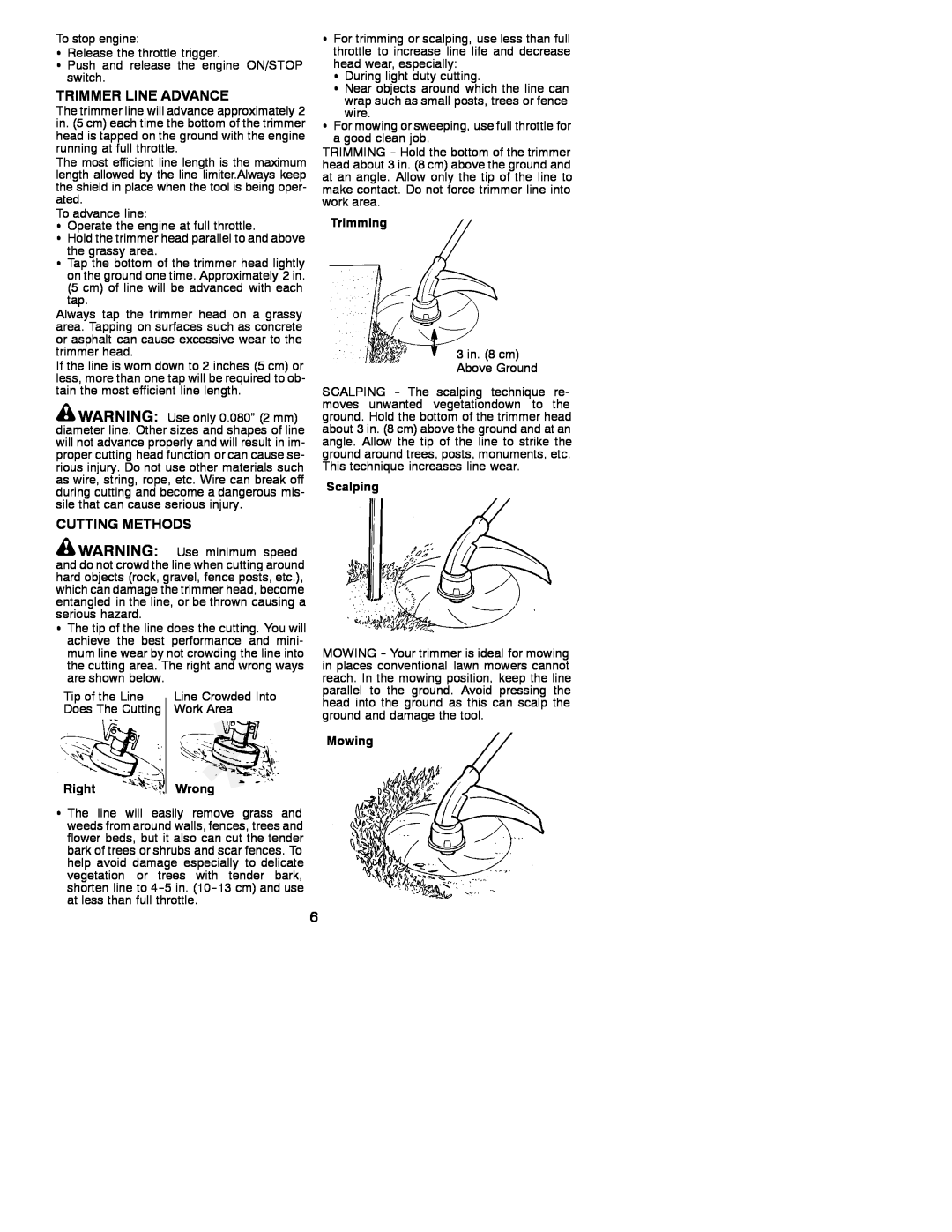 Weed Eater 530086922 instruction manual Trimmer Line Advance, Cutting Methods, Trimming, Scalping, Right, Mowing 