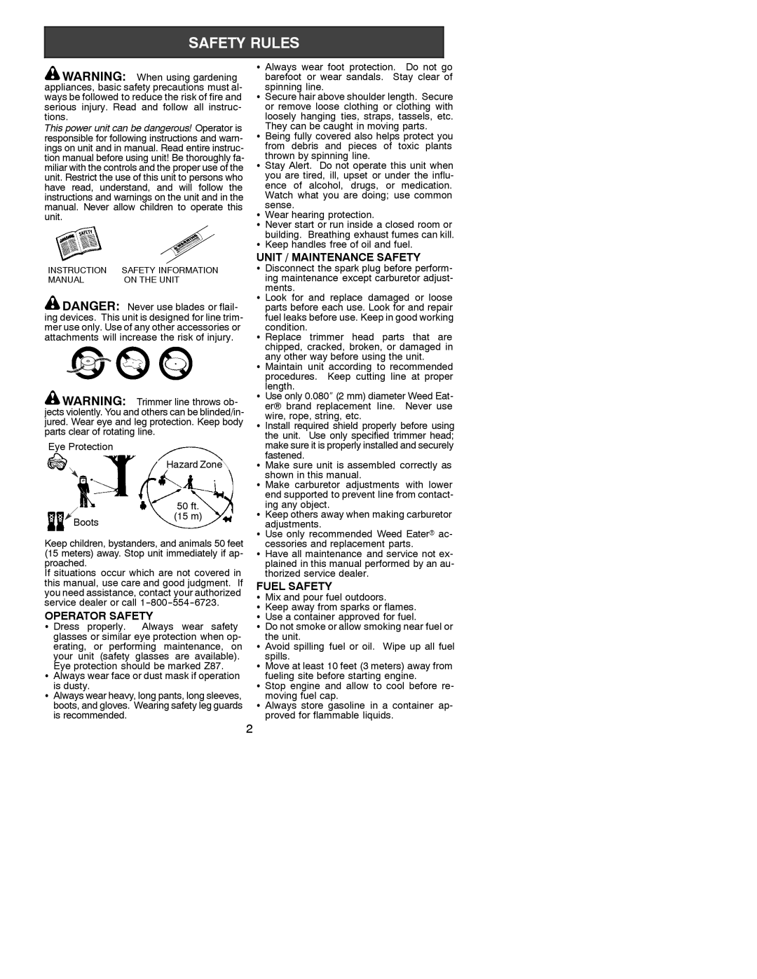 Weed Eater 530086923 instruction manual Operator Safety, Unit / Maintenance Safety, Fuel Safety, Eye Protection Hazard Zone 