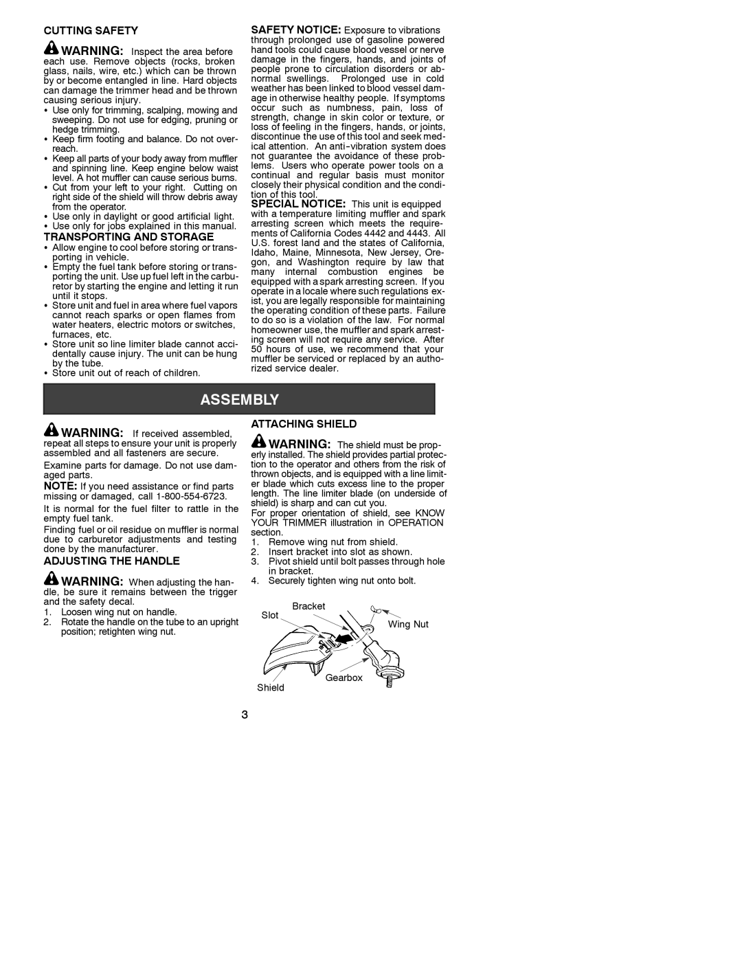 Weed Eater 530086923 Cutting Safety, Transporting and Storage, Adjusting the Handle, Attaching Shield, Tion of this tool 