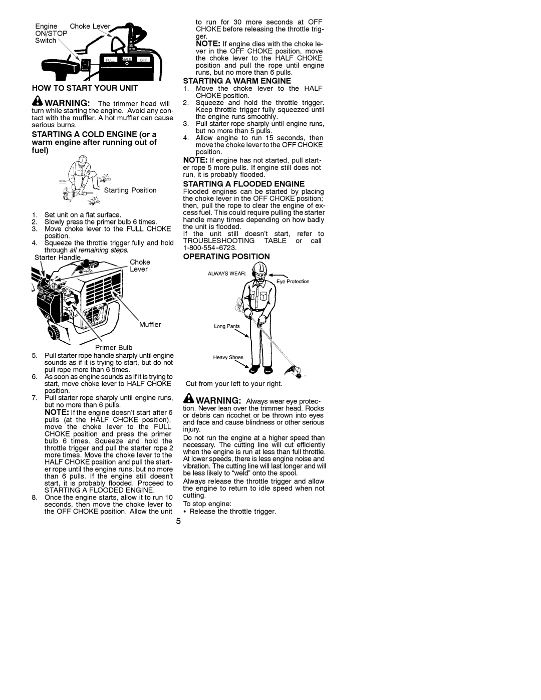 Weed Eater 530086923 HOW to Start Your Unit, Starting a Warm Engine, Starting a Flooded Engine, Operating Position 