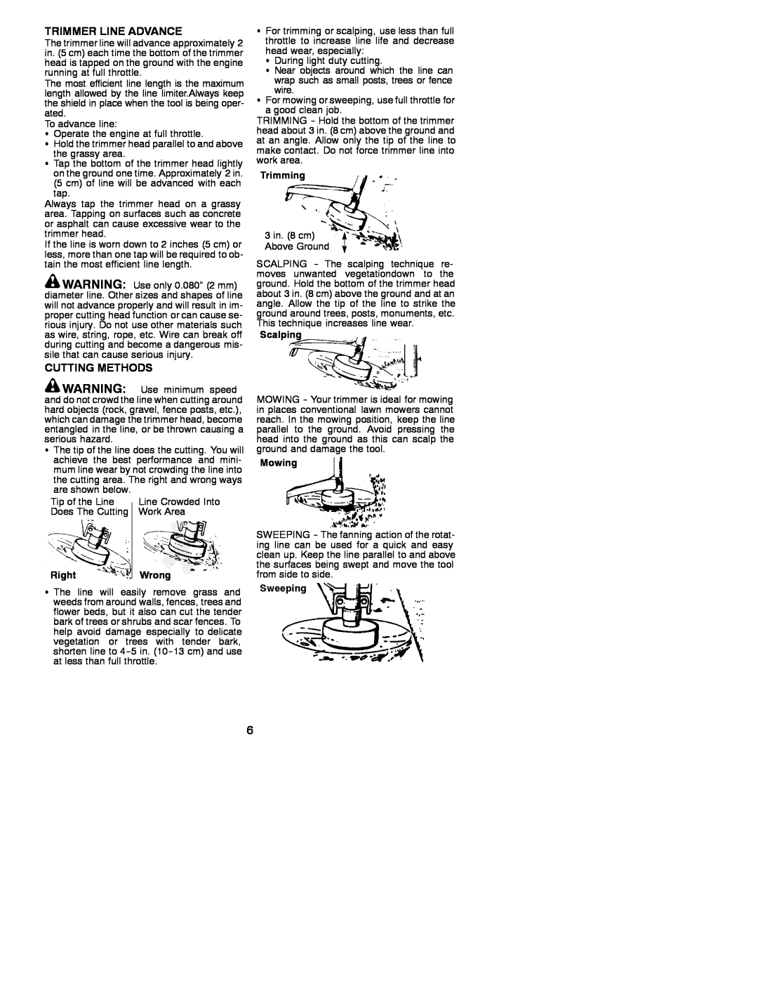 Weed Eater 530086924 instruction manual Trimmer Line Advance, Cutting Methods, Right, Trimming, Scalping, Mowing, Sweeping 