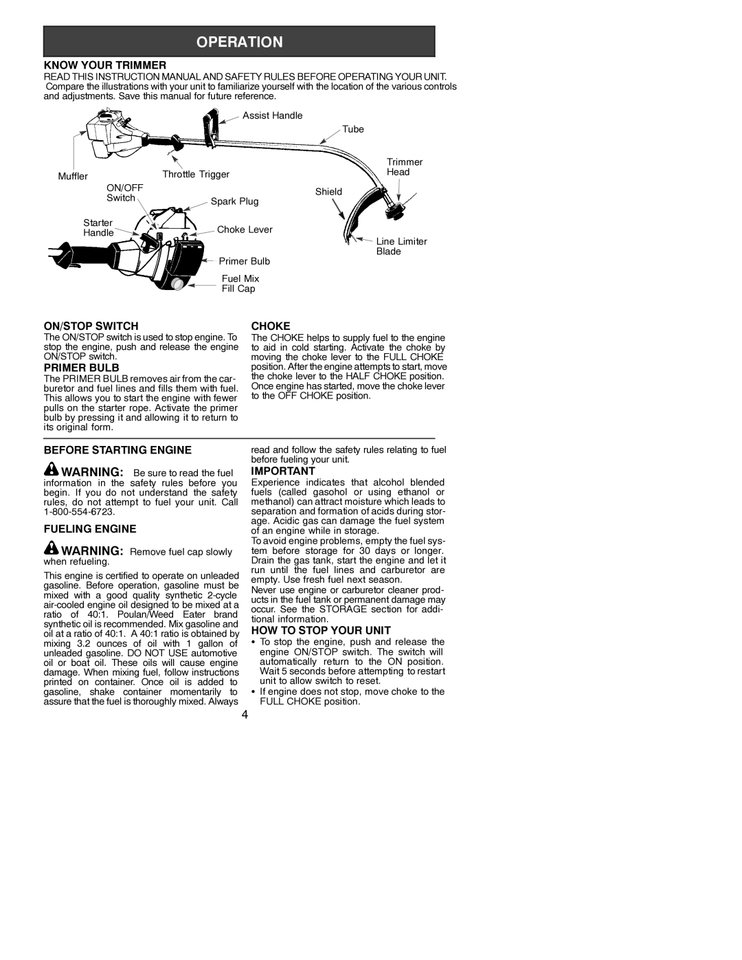 Weed Eater 530086929 Know Your Trimmer, ON/STOP Switch Choke, Primer Bulb, Before Starting Engine, Fueling Engine 