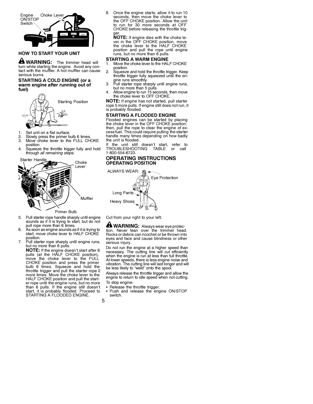 Weed Eater 530086929 HOW to Start Your Unit, Starting a Warm Engine, Starting a Flooded Engine, Operating Position 