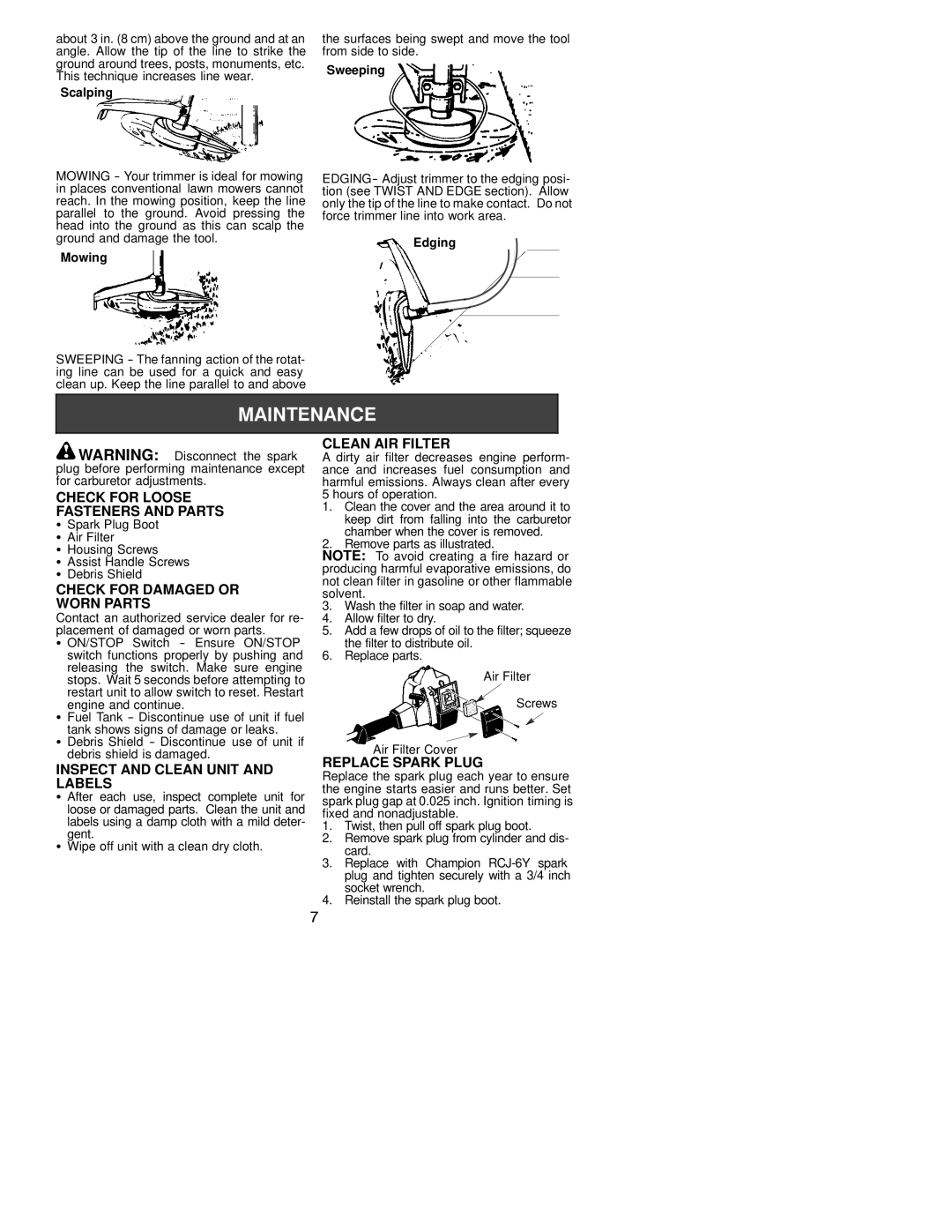 Weed Eater 530086930 Clean AIR Filter, Check for Loose, Fasteners and Parts, Check for Damaged or, Worn Parts, Labels 