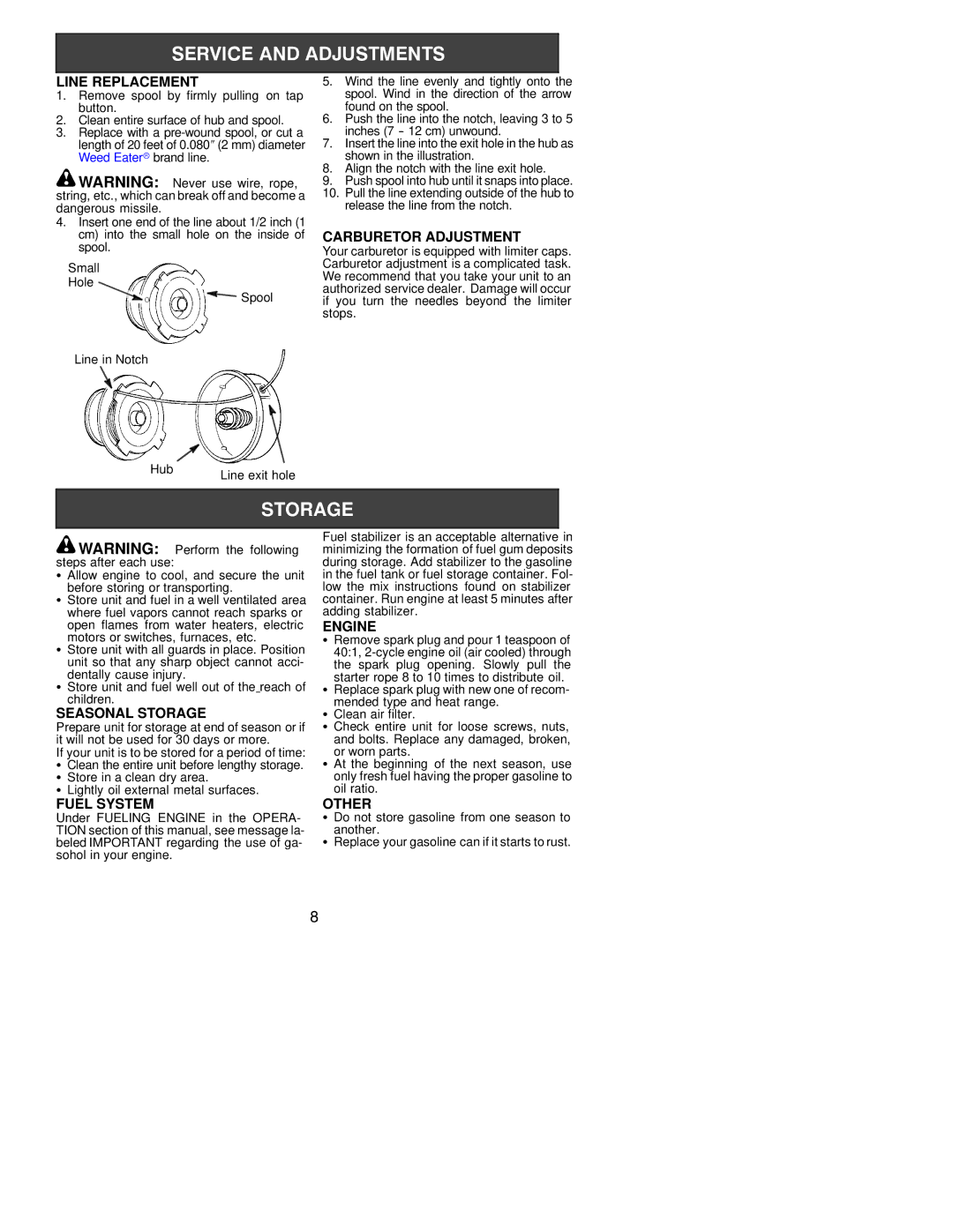 Weed Eater 530086930 Line Replacement, Carburetor Adjustment, Seasonal Storage, Fuel System, Engine, Other 