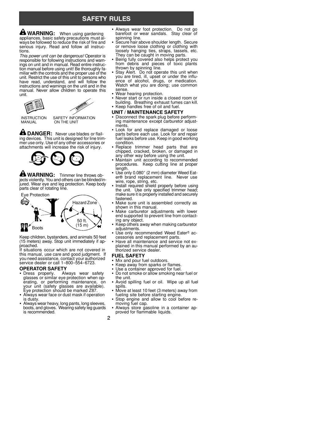 Weed Eater 530086934 instruction manual Operator Safety, Unit / Maintenance Safety, Fuel Safety, Eye Protection Hazard Zone 