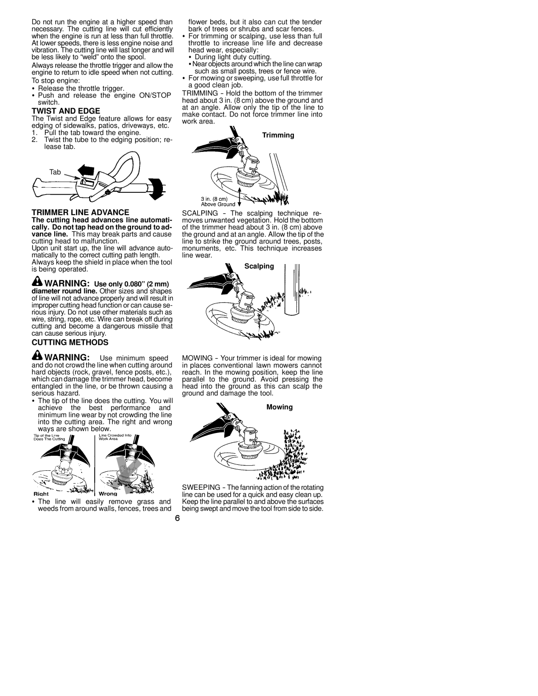 Weed Eater 530086934 instruction manual Twist and Edge, Trimmer Line Advance, Cutting Methods 