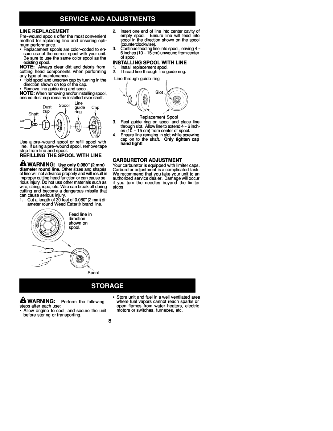 Weed Eater 530086935 Line Replacement, Refilling The Spool With Line, Installing Spool With Line, Carburetor Adjustment 