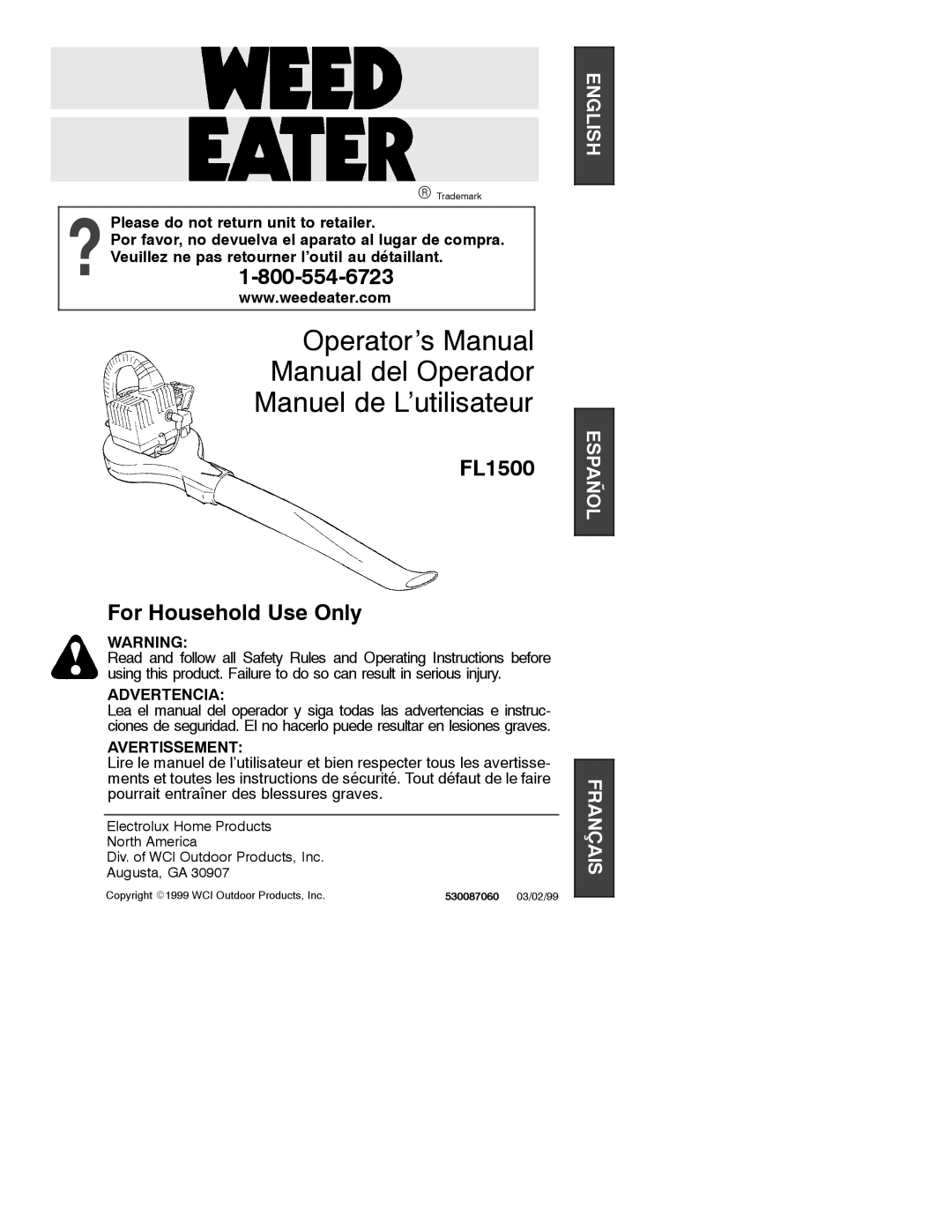 Weed Eater 530087060 operating instructions FL1500 For Household Use Only 