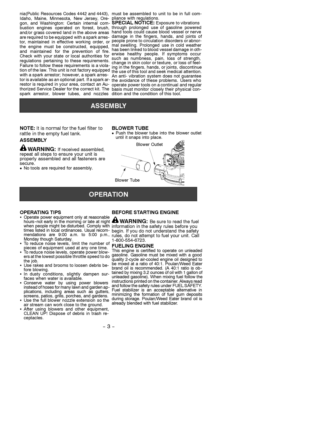 Weed Eater 530087060 operating instructions Assembly, Blower Tube, Operating Tips Before Starting Engine, Fueling Engine 