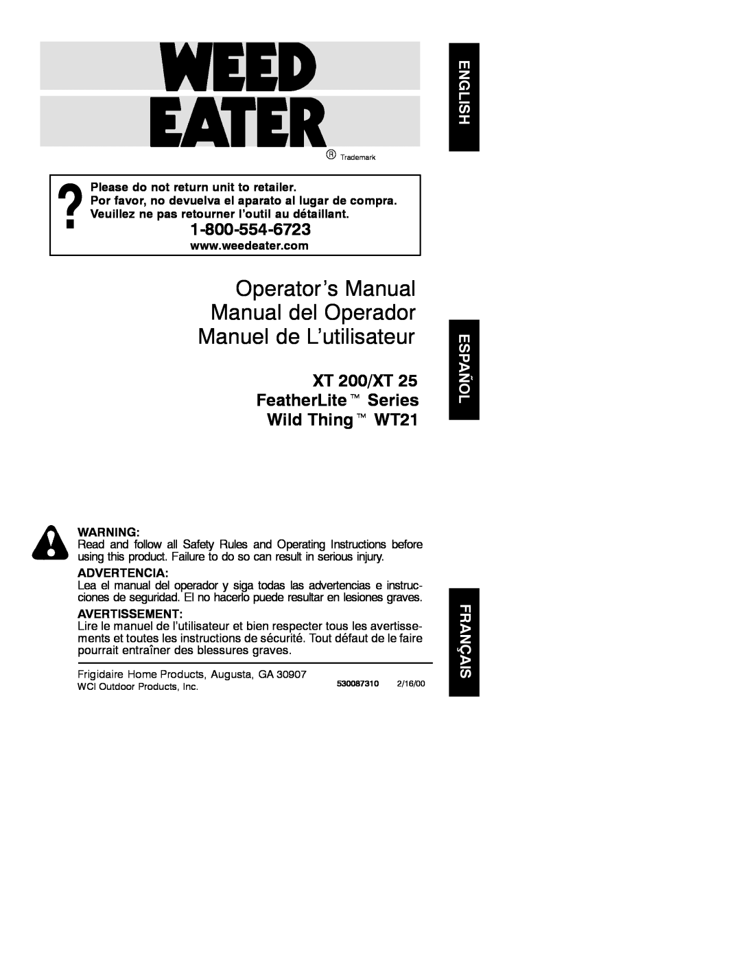 Weed Eater 530087310 manual Please do not return unit to retailer, Advertencia, Avertissement, Manuel de L’utilisateur 