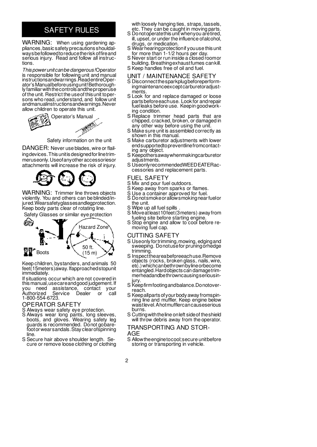 Weed Eater 530087611 Operator Safety, Unit / Maintenance Safety, Fuel Safety, Cutting Safety, Transporting and STOR- AGE 