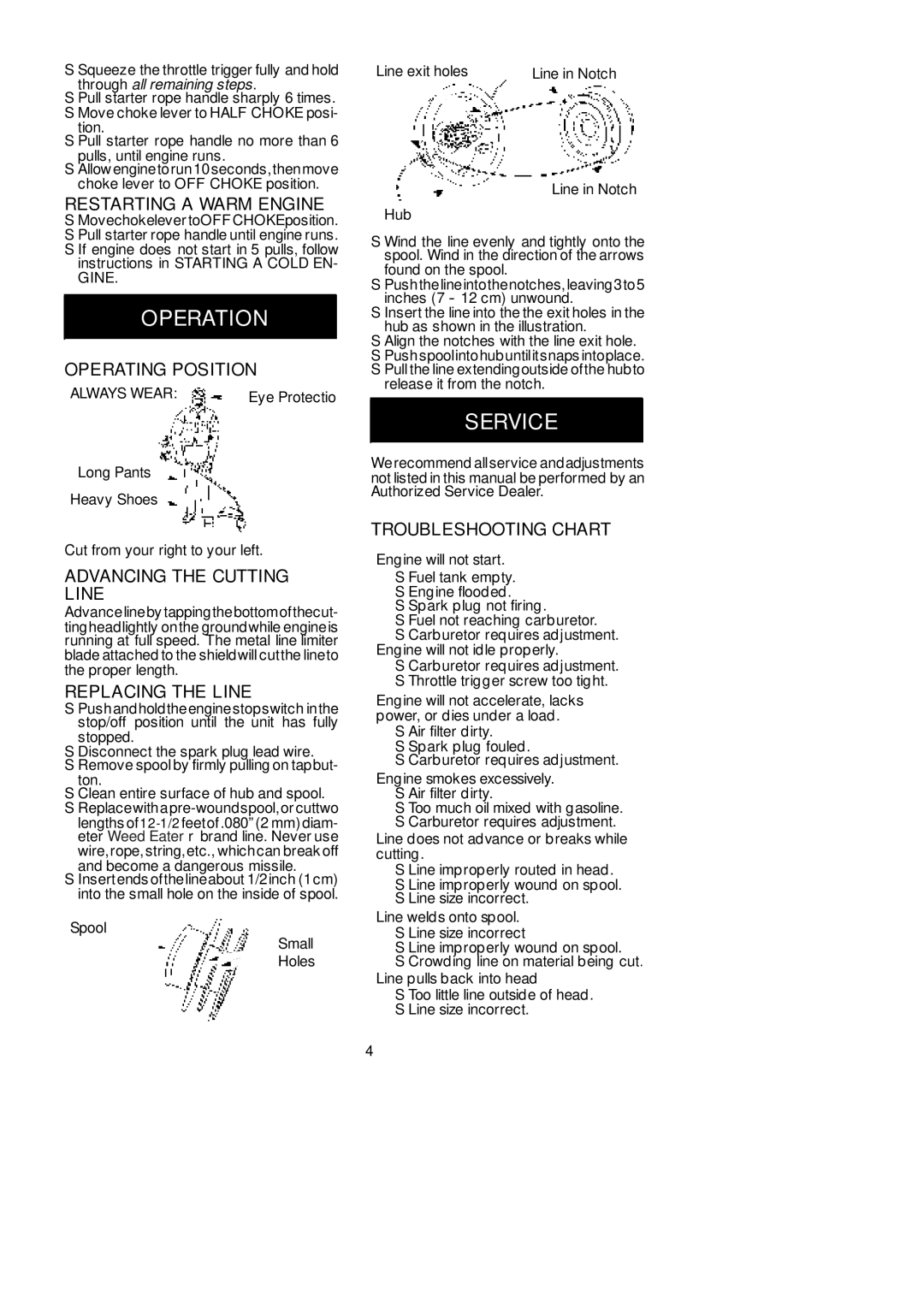 Weed Eater 530087644 manual Restarting a Warm Engine, Operating Position, Advancing the Cutting Line, Replacing the Line 