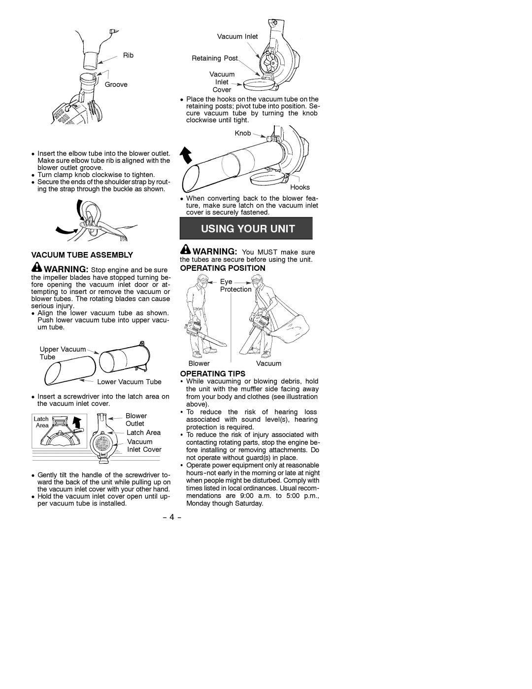 Weed Eater 530087688 instruction manual Vacuum Tube Assembly, Operating Position, Operating Tips 