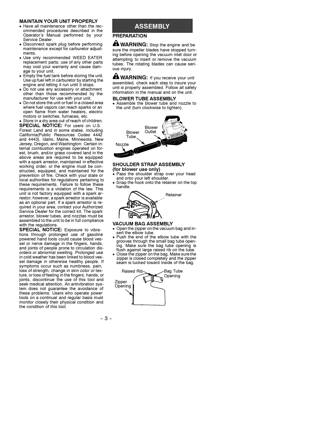 Weed Eater 530087724 manual Maintain Your Unit Properly, Preparation Blower Tube Assembly, Vacuum BAG Assembly 