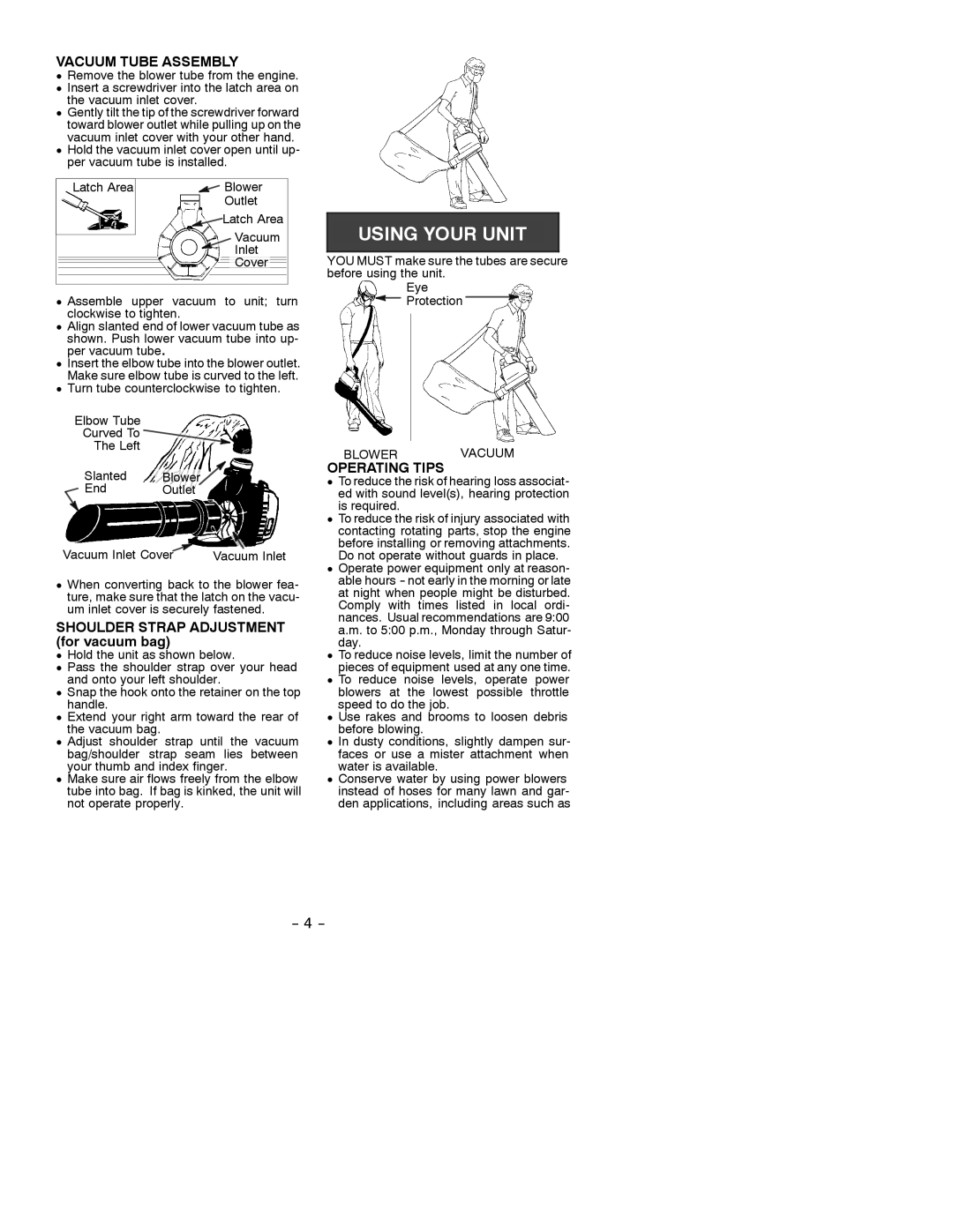 Weed Eater 530087724 manual Vacuum Tube Assembly, Shoulder Strap Adjustment for vacuum bag, Operating Tips 