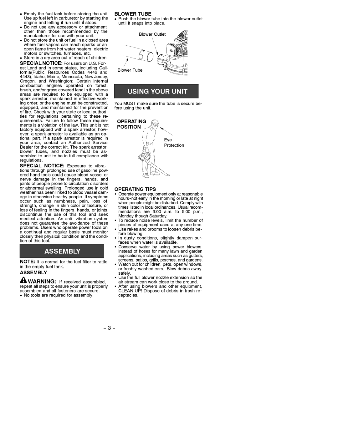 Weed Eater 530087893 manual Assembly, Blower Tube, Operating Position, Operating Tips 