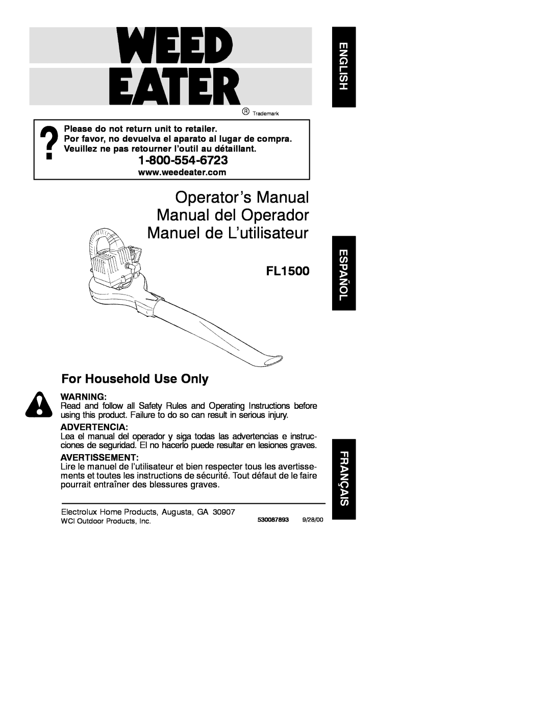 Weed Eater 530087893 manual Operator’s Manual Manual del Operador, Manuel de L’utilisateur, 1-800-554-6723, Advertencia 