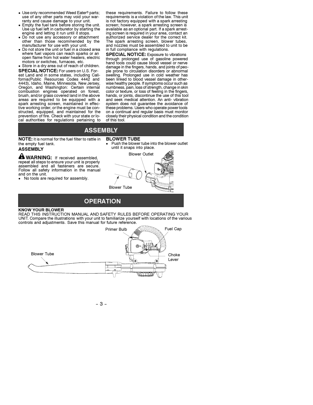 Weed Eater 530088117 instruction manual Assembly, Blower Tube 