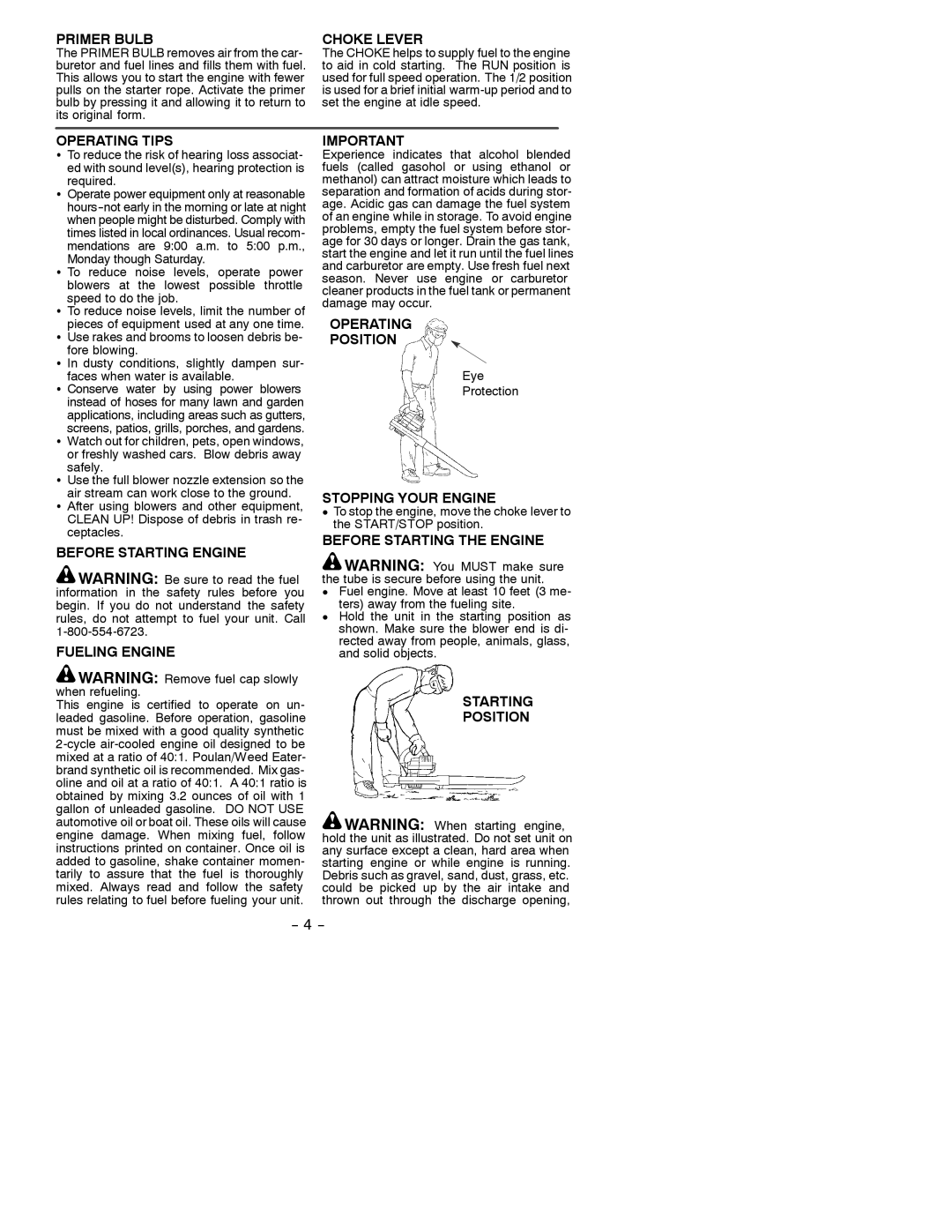 Weed Eater 530088117 Primer Bulb, Choke Lever, Operating Tips, Before Starting Engine Fueling Engine, Operating Position 