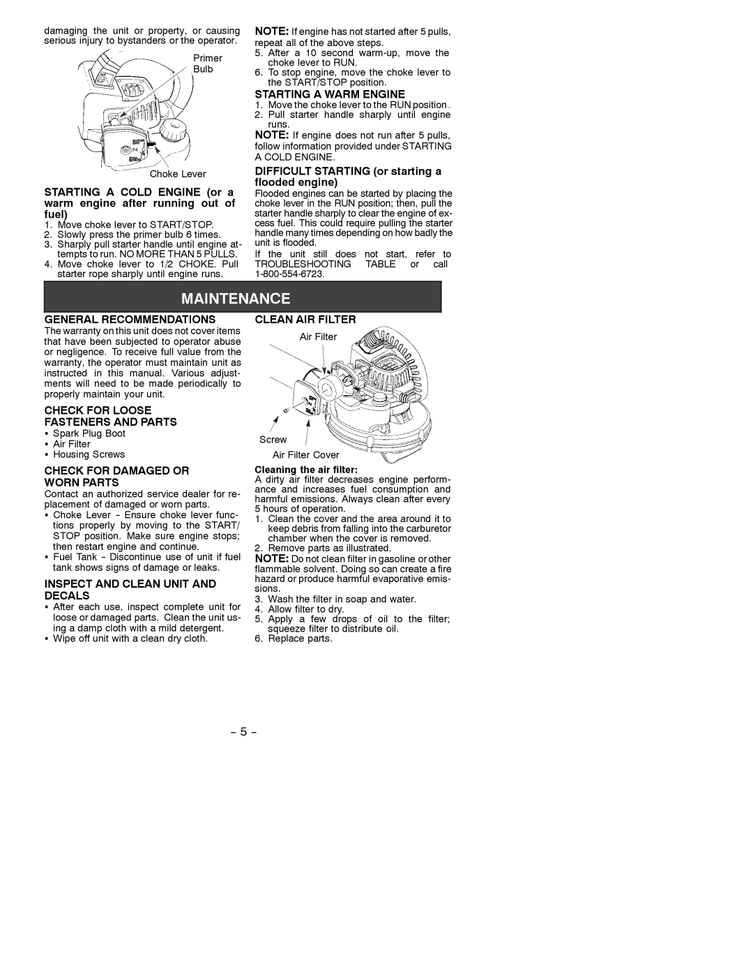 Weed Eater 530088117 Starting a Warm Engine, General Recommendations, Check for Loose Fasteners and Parts 