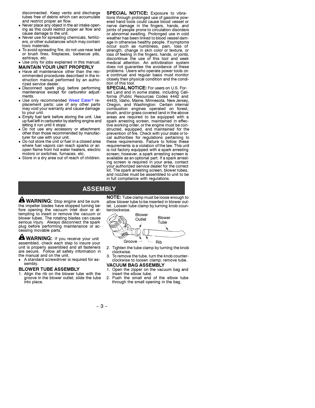 Weed Eater 530088127 instruction manual Maintain Your Unit Properly, Blower Tube Assembly, Vacuum BAG Assembly 