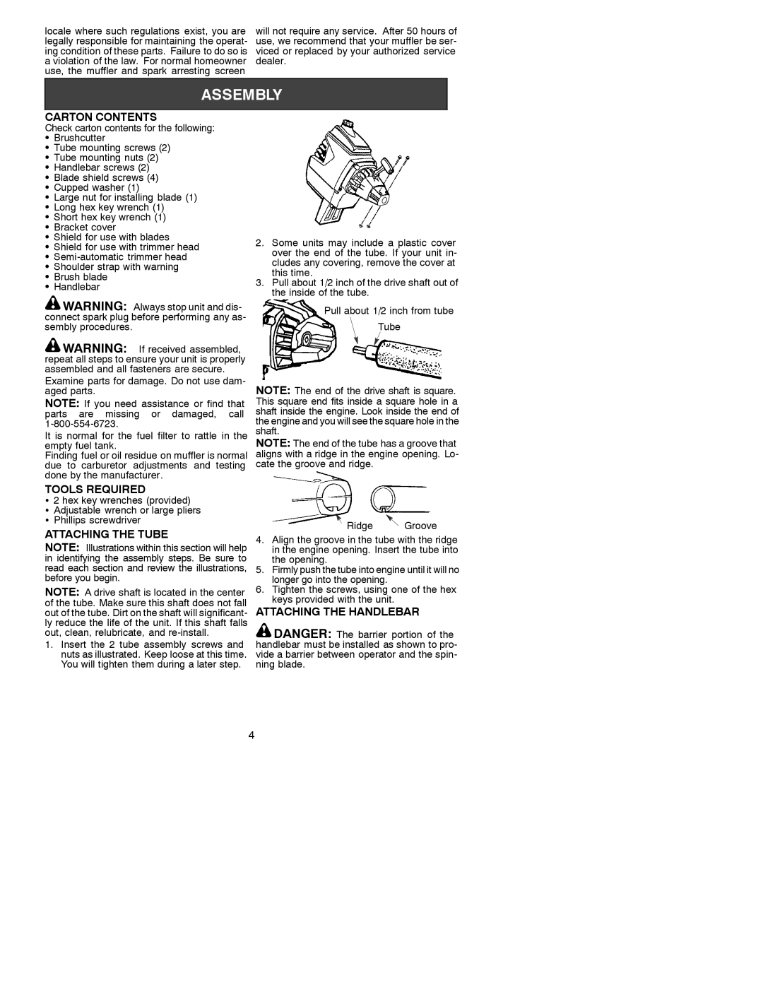 Weed Eater 530088132 instruction manual Carton Contents, Tools Required, Attaching the Tube, Attaching the Handlebar 