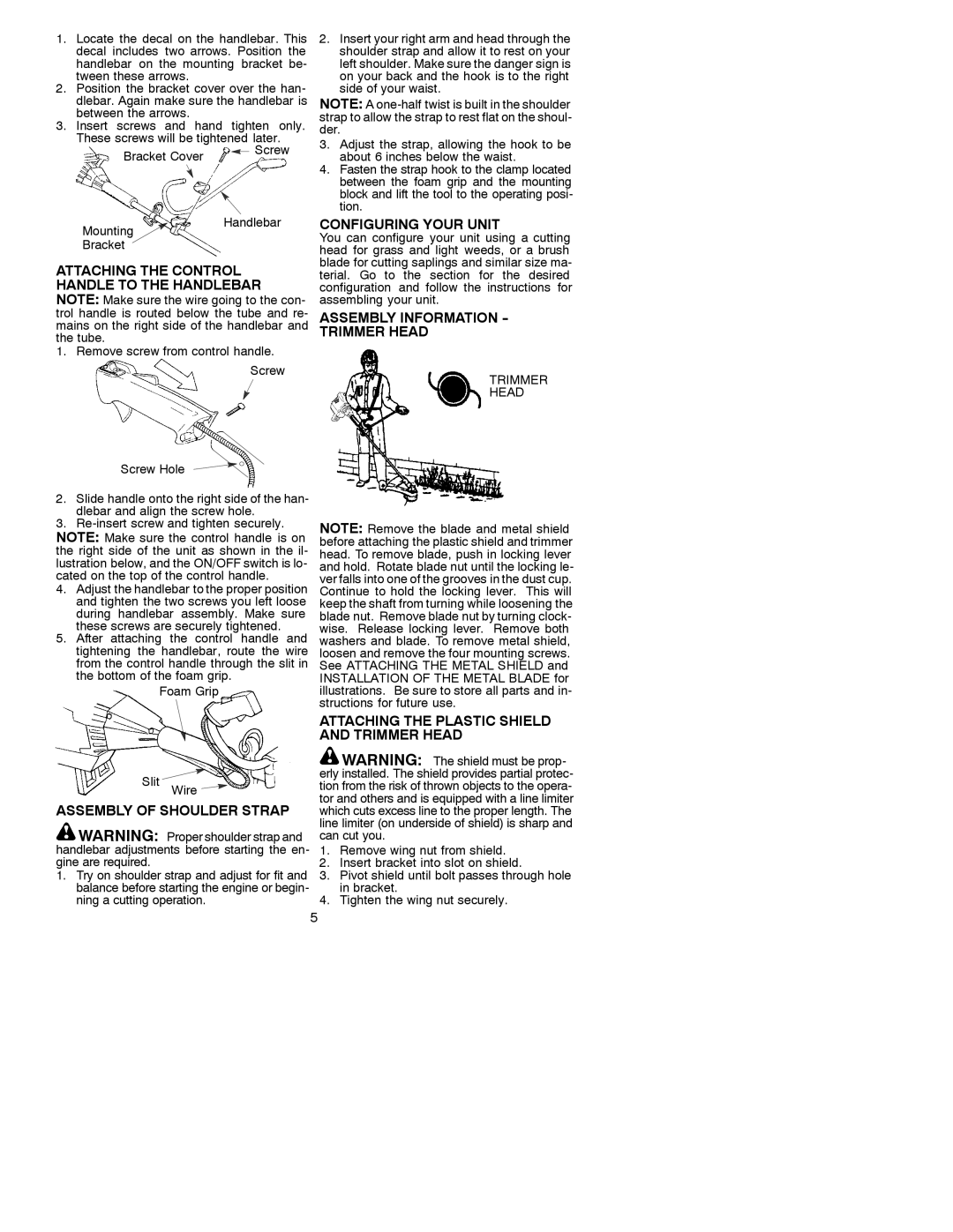 Weed Eater 530088132 Attaching the Control Handle to the Handlebar, Configuring Your Unit, Assembly of Shoulder Strap 