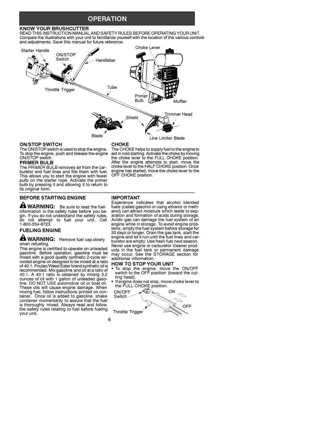 Weed Eater 530088132 Know Your Brushcutter, ON/STOP Switch, Primer Bulb, Choke, Before Starting Engine Fueling Engine 