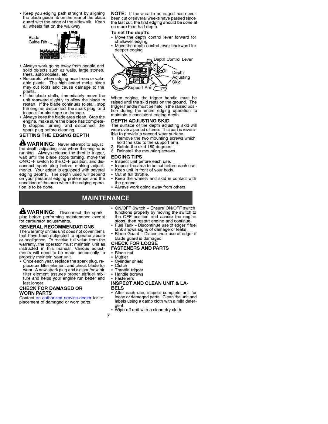 Weed Eater 530088134 Setting the Edging Depth, Edging Tips, General Recommendations, Check for Damaged or Worn Parts 