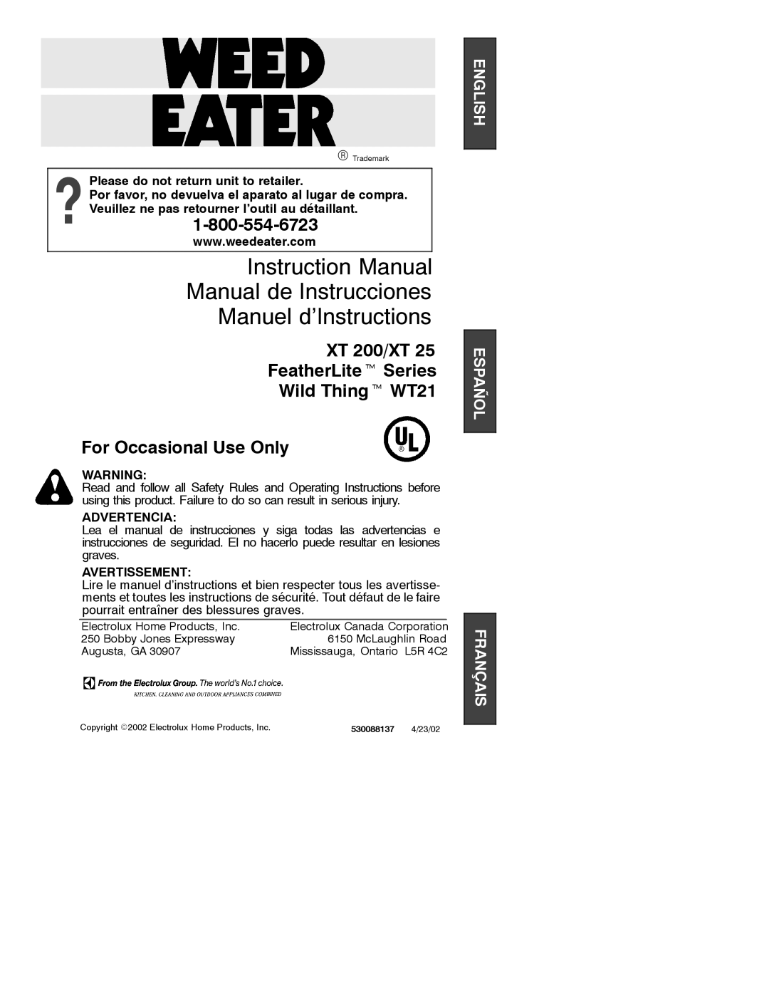 Weed Eater 530088137 instruction manual Advertencia, Avertissement 