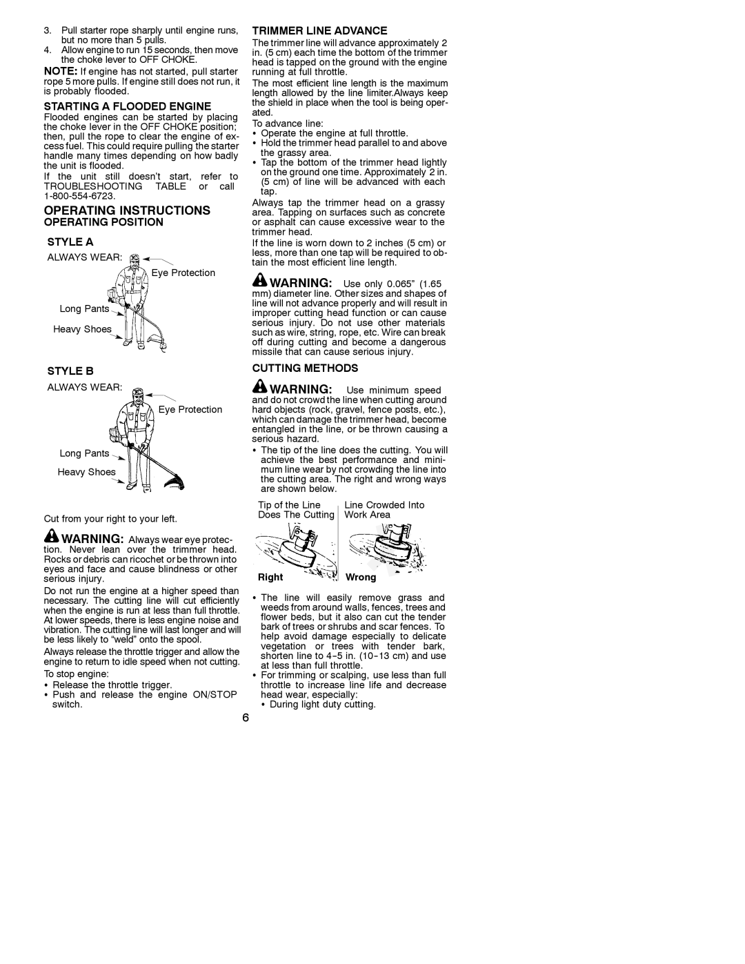 Weed Eater 530088137 Operating Instructions, Starting a Flooded Engine, Operating Position Style a, Trimmer Line Advance 