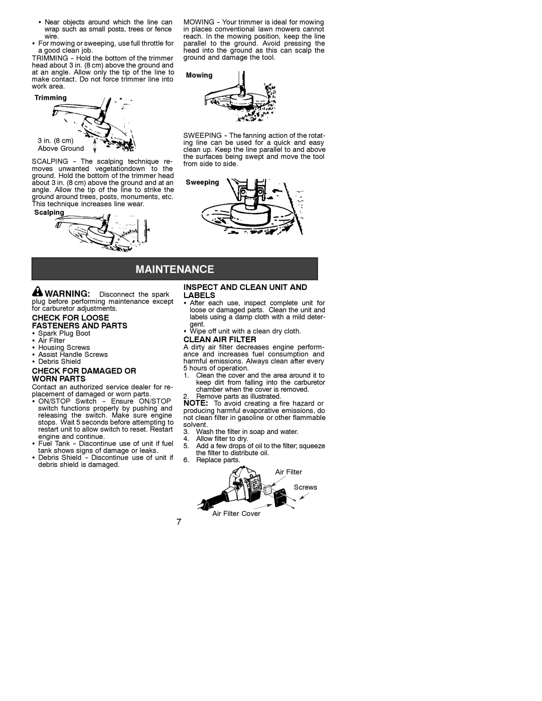 Weed Eater 530088137 Check for Loose Fasteners and Parts, Check for Damaged or Worn Parts, Clean AIR Filter 