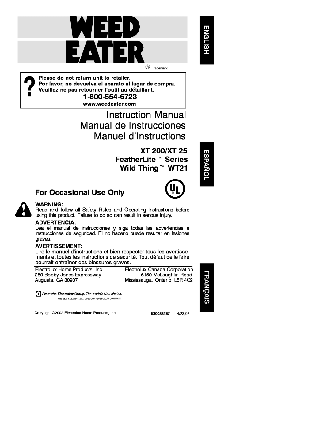 Weed Eater 530088137 instruction manual Please do not return unit to retailer, Advertencia, Avertissement 
