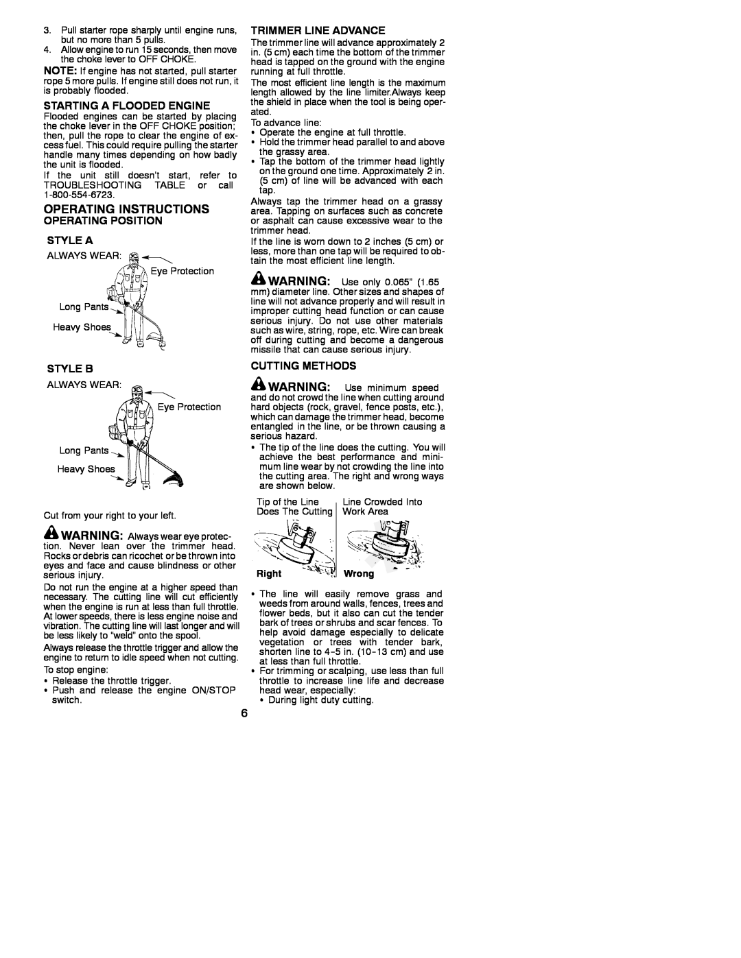 Weed Eater 530088137 Operating Instructions, Starting A Flooded Engine, Operating Position Style A, Trimmer Line Advance 
