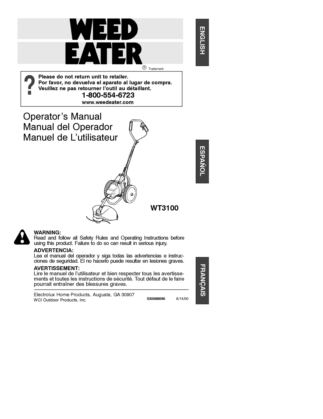 Weed Eater 530088696 operating instructions Advertencia, Avertissement 