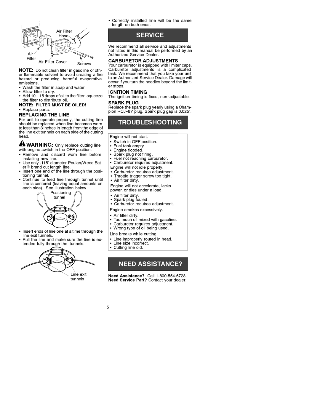 Weed Eater 530088696 operating instructions Carburetor Adjustments, Replacing the Line, Ignition Timing, Spark Plug 