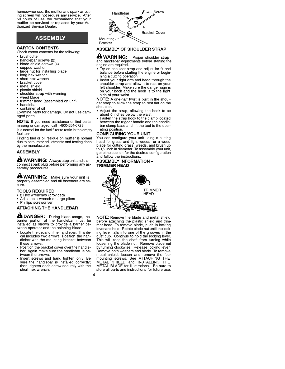 Weed Eater 530088774 manual Carton Contents, Assembly Tools Required, Attaching the Handlebar Assembly of Shoulder Strap 