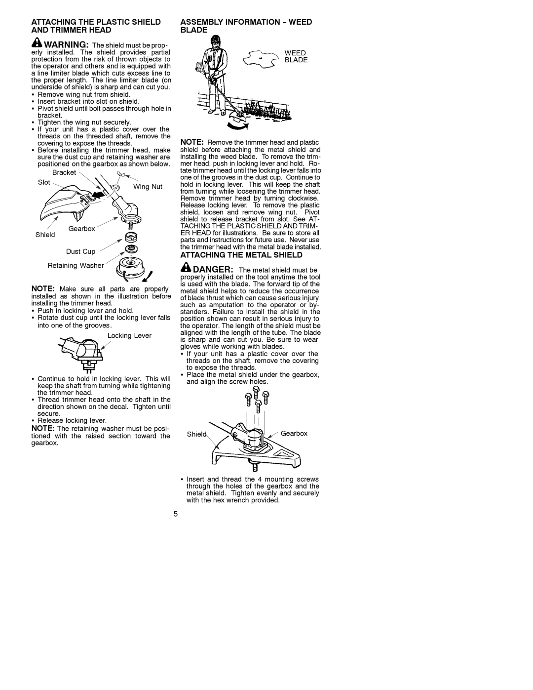 Weed Eater 530088774 manual Attaching the Plastic Shield and Trimmer Head, Assembly Information Weed Blade 