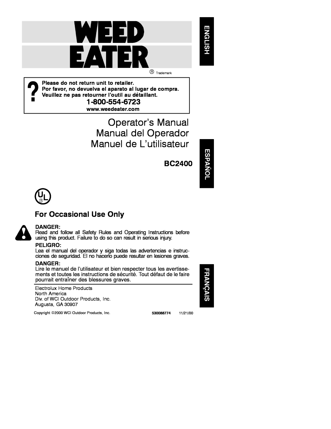 Weed Eater 530088774 manual Operator’s Manual Manual del Operador Manuel de L’utilisateur, BC2400, For Occasional Use Only 
