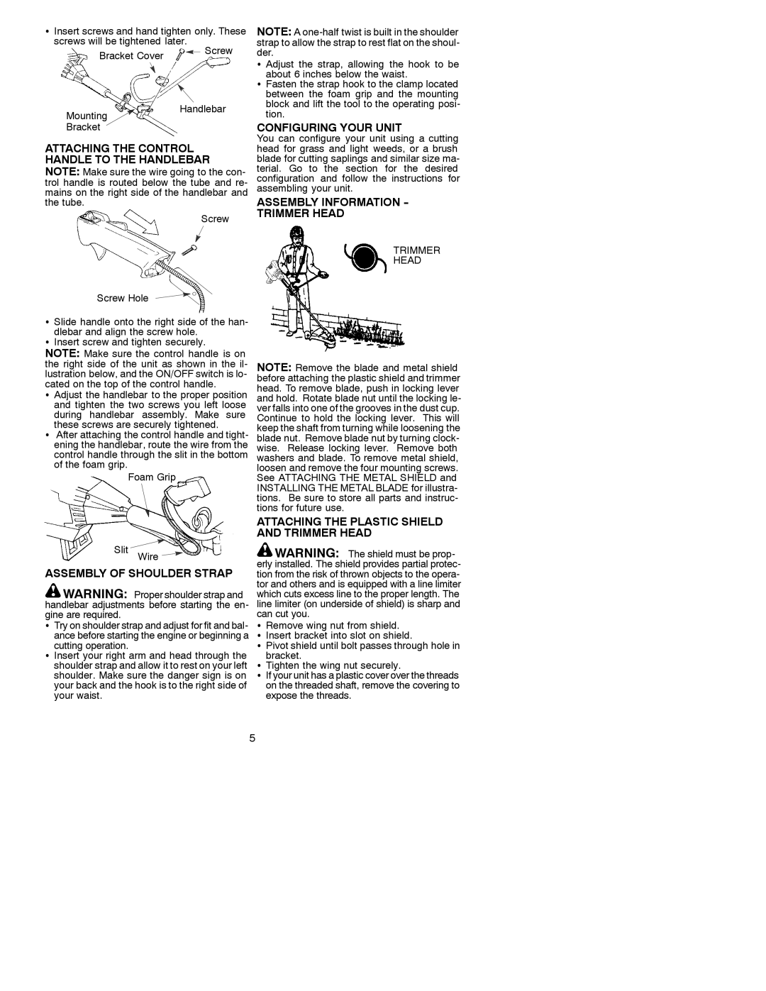 Weed Eater 530088776 Attaching the Control Handle to the Handlebar, Assembly of Shoulder Strap, Configuring Your Unit 